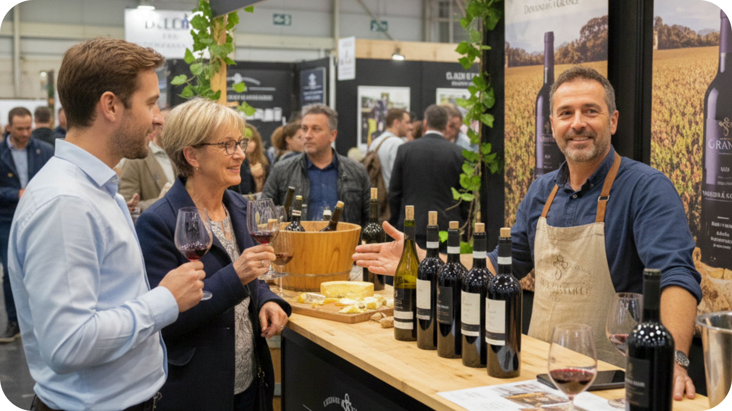 Vignerons échangeant avec des visiteurs sur un salon professionnel – collecte de prospects via CRM Wineriz