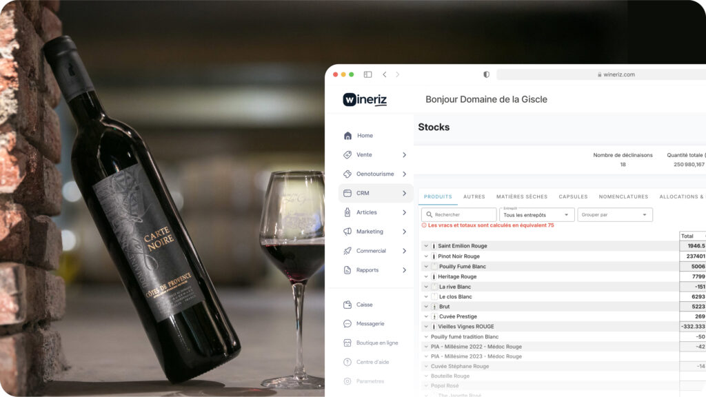 Tableau de bord Wineriz centralisant les stocks