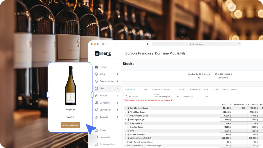 "Tableau de bord Wineriz – niveaux de stock viticole en temps réel"