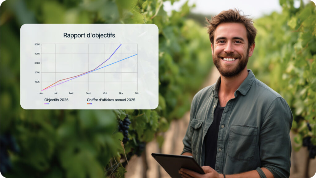 Agent commercial dans un vignoble avec tablette