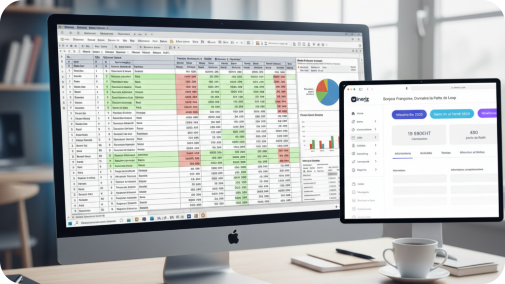 Comparaison entre un fichier Excel complexe et le tableau de bord clair du logiciel Wineriz