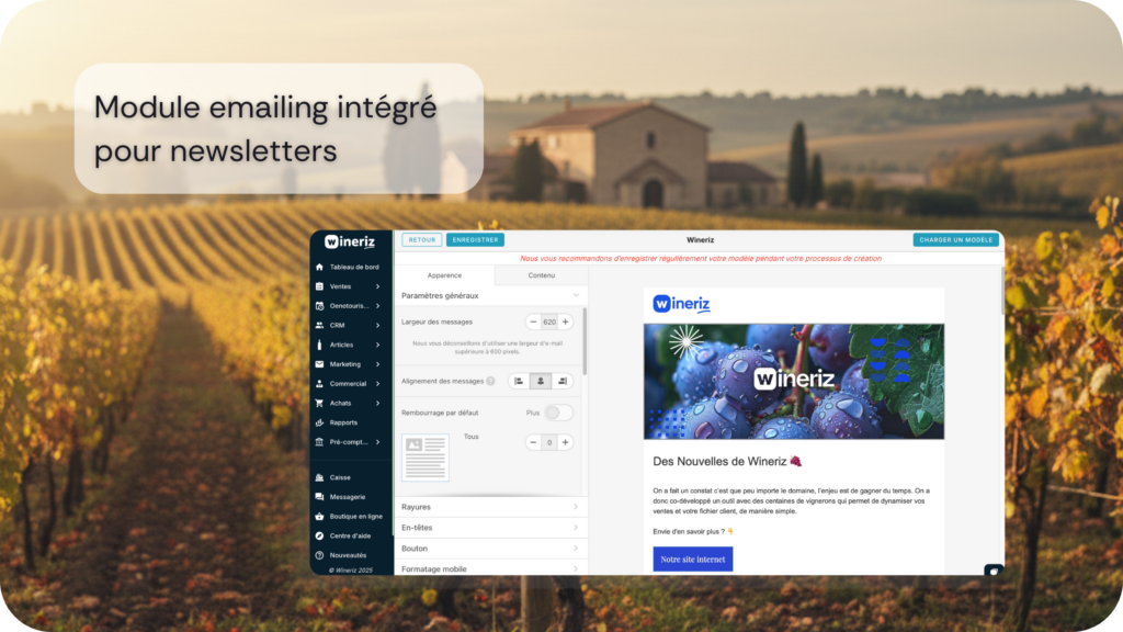 CRM viticole Wineriz avec module emailing intégré pour newsletters