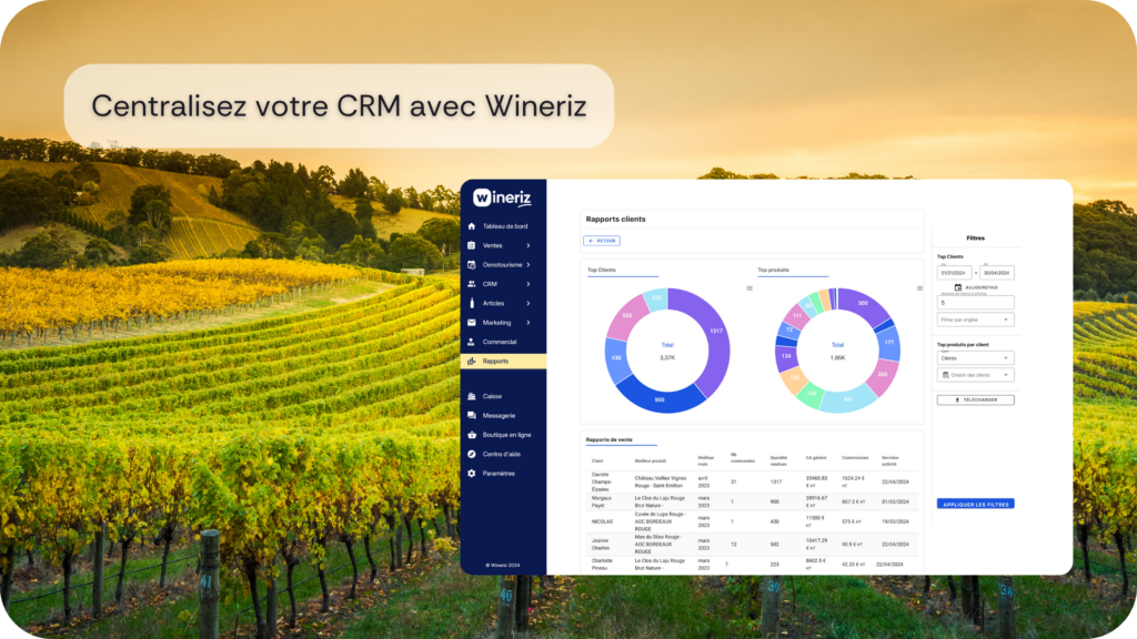 Vue du pipeline de suivi des prospects dans le CRM Wineriz après un salon viticole