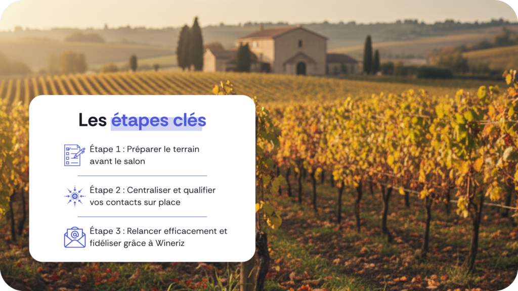 Infographie des 3 étapes pour rentabiliser un salon viticole avec Wineriz