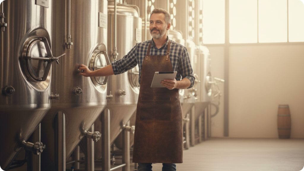 Vigneron réalisant l’inventaire de fin d’année dans un chai viticole en 2025