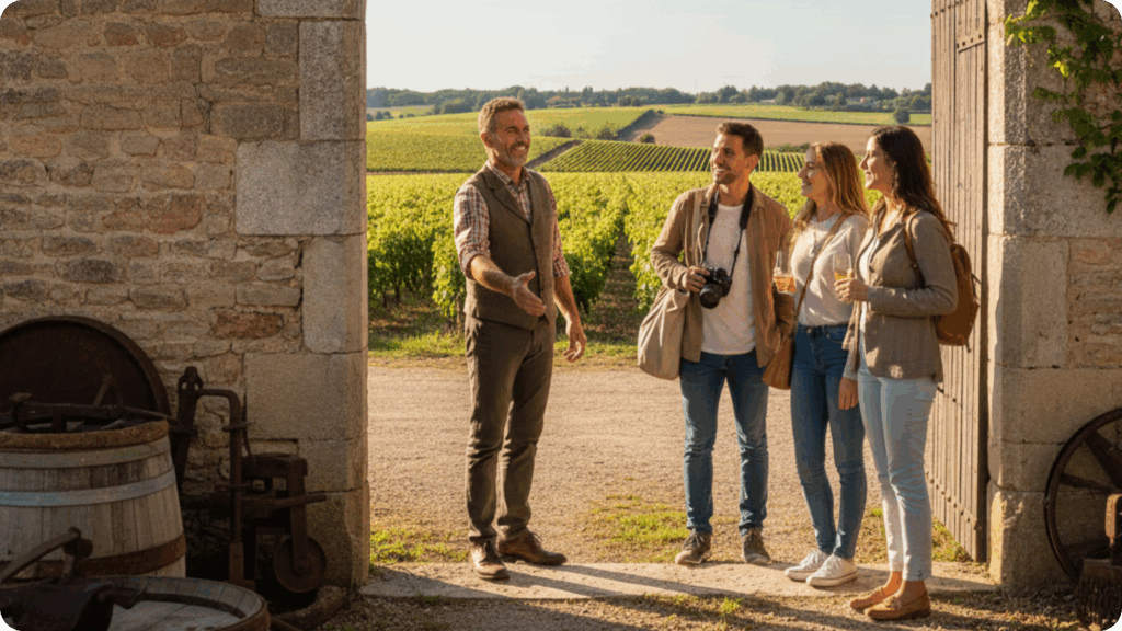 Relation client dans un domaine viticole lors d’une visite au caveau