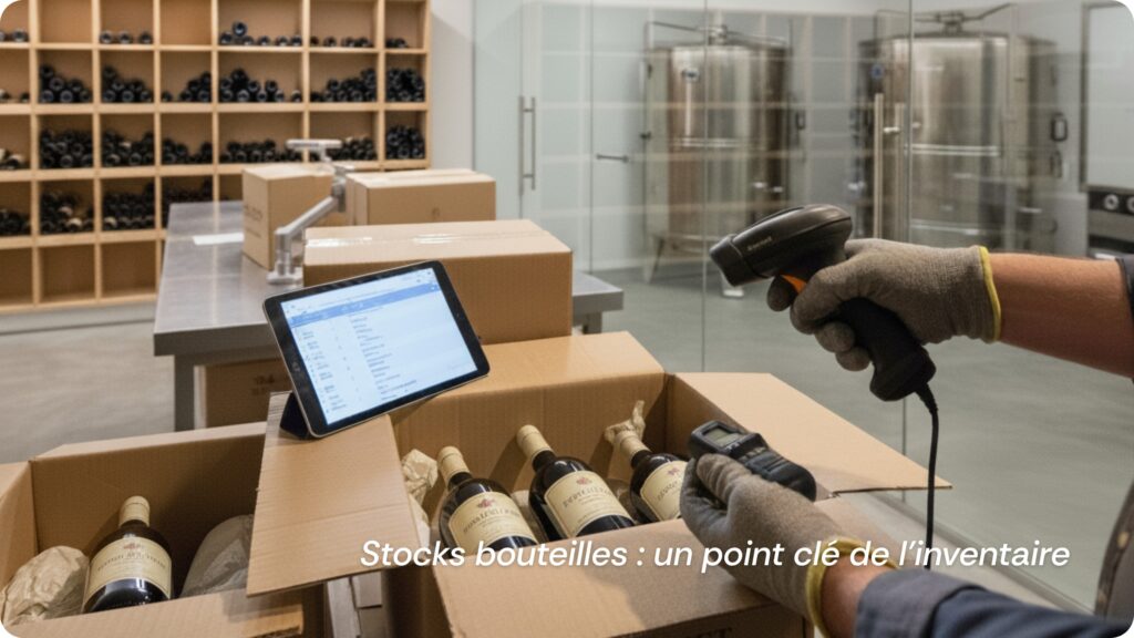 Comptage du stock bouteilles dans un chai viticole pour l’inventaire de fin d’année