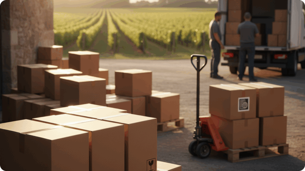 Illustration d’un vigneron expédiant du vin vers l’Union européenne avec formalités douanières