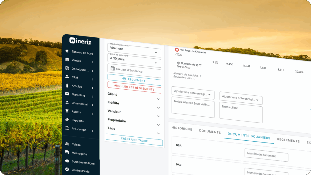 Aperçu de l’interface Wineriz pour générer un DAE