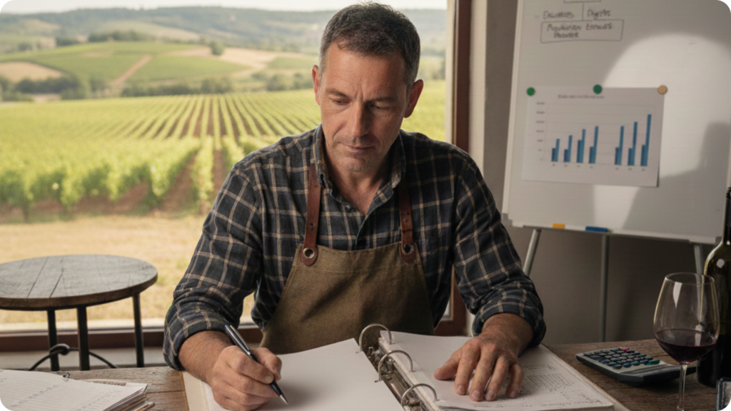 Vigneron construisant un plan commercial 2026 pour son domaine viticole