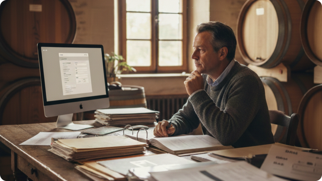 Vigneron gérant ses déclarations douanières du vin sur ordinateur dans son domaine viticole