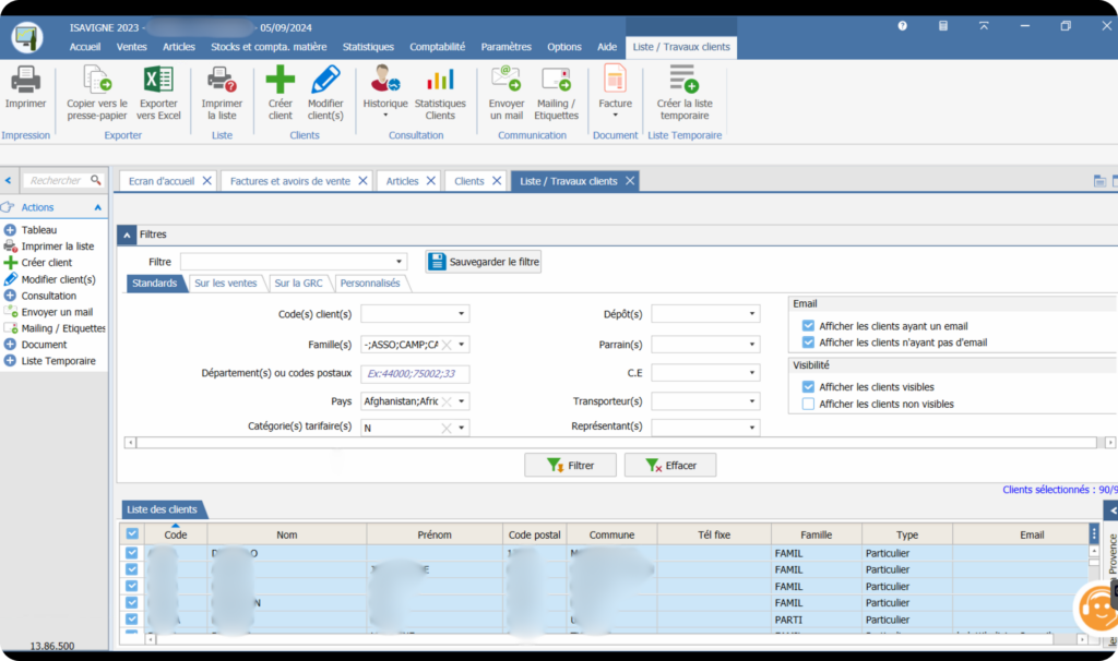 Capture d'écran de l'onglet client dans Isavigne