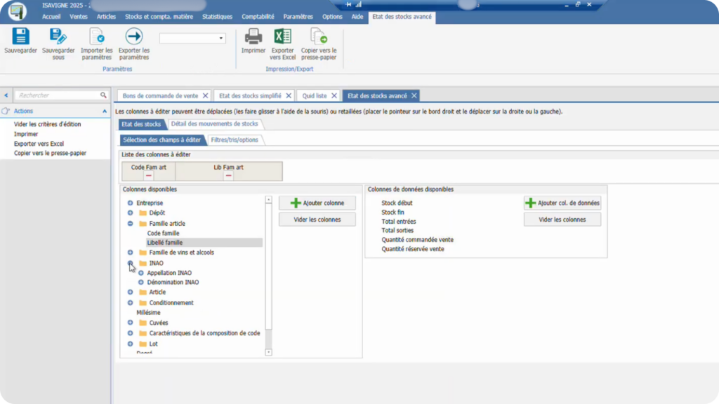 Capture d'écran de l'onglet stocks pour migrer depuis Isavigne