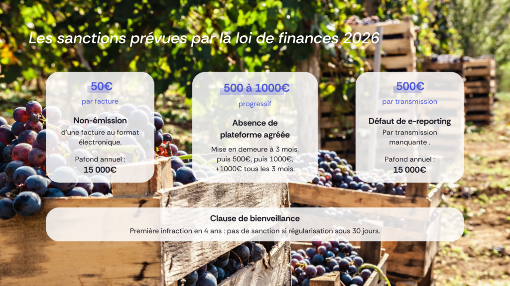 Sanctions facture électronique 2026 domaine viticole — amendes non-conformité | Wineriz