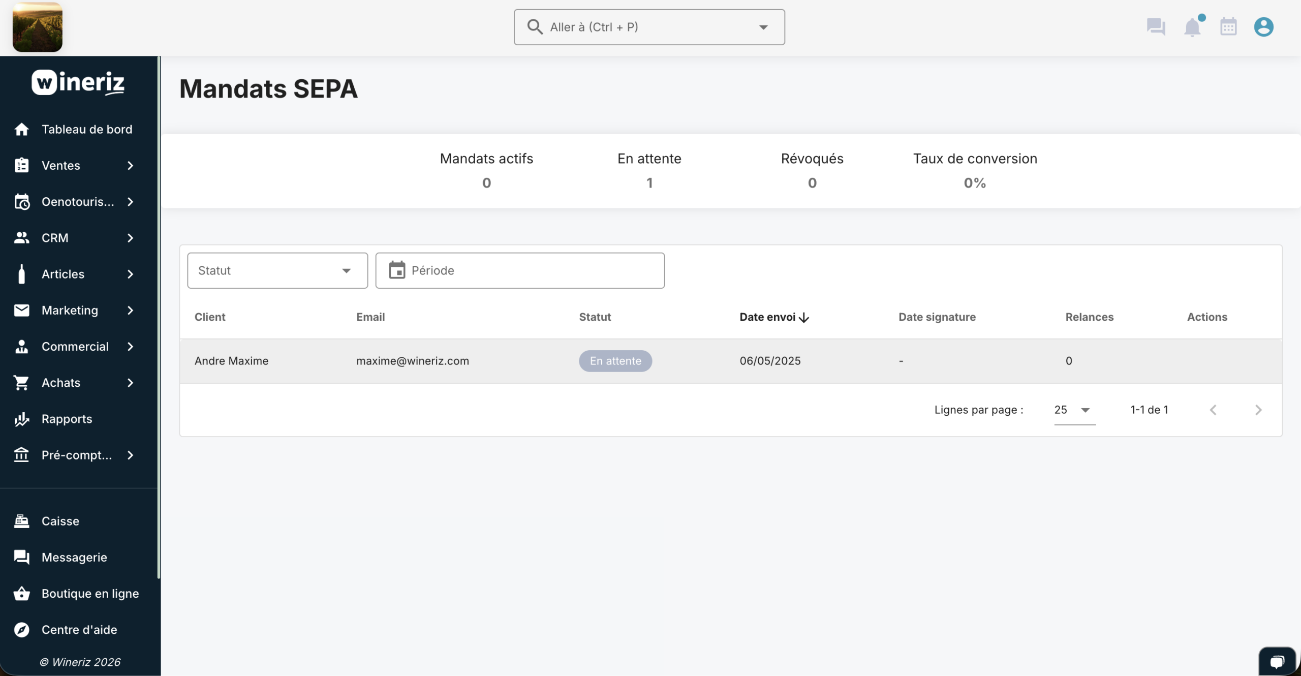 Écran de gestion des prélèvements SEPA dans Wineriz — logiciel facturation viticole | Wineriz