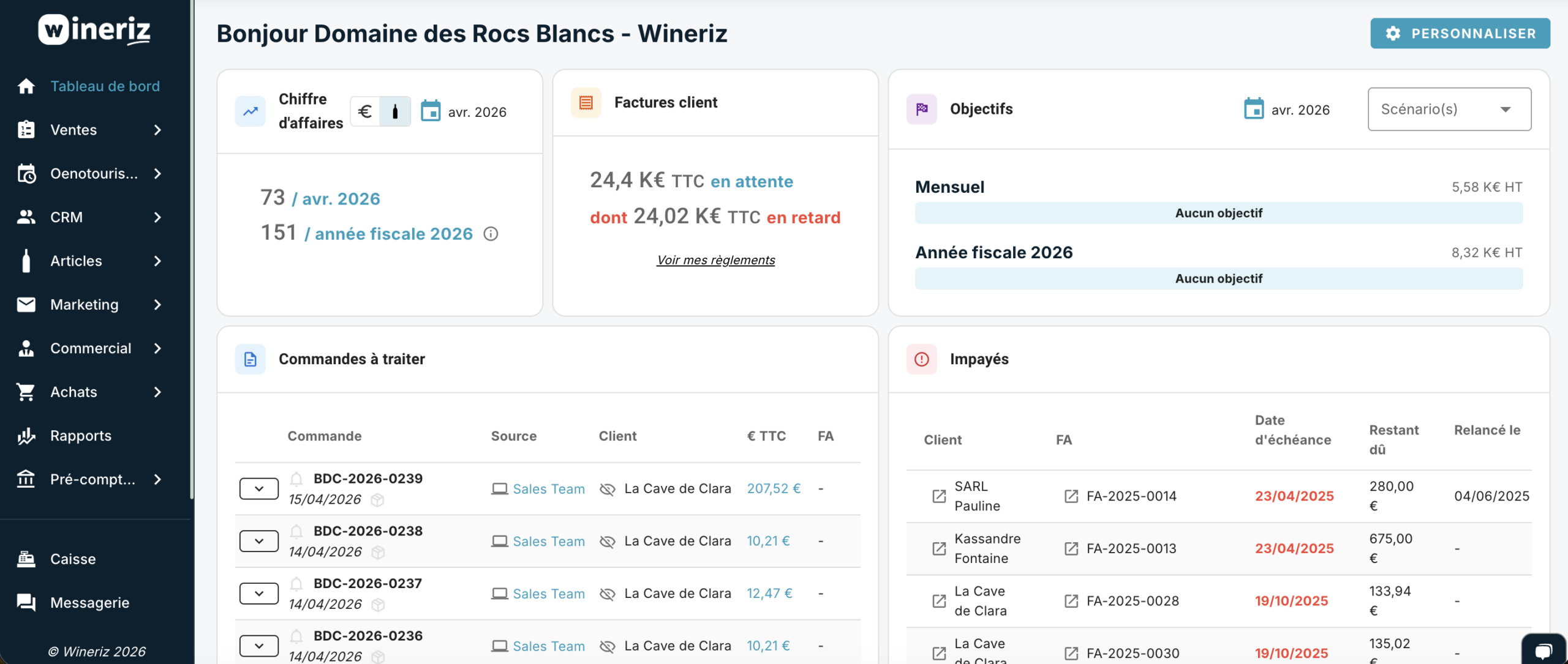 Tableau de bord Wineriz — logiciel de gestion viticole