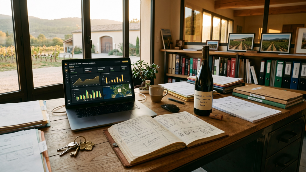 Bureau d'un domaine viticole avec ordinateur affichant un logiciel de gestion commerciale et bouteille de vin