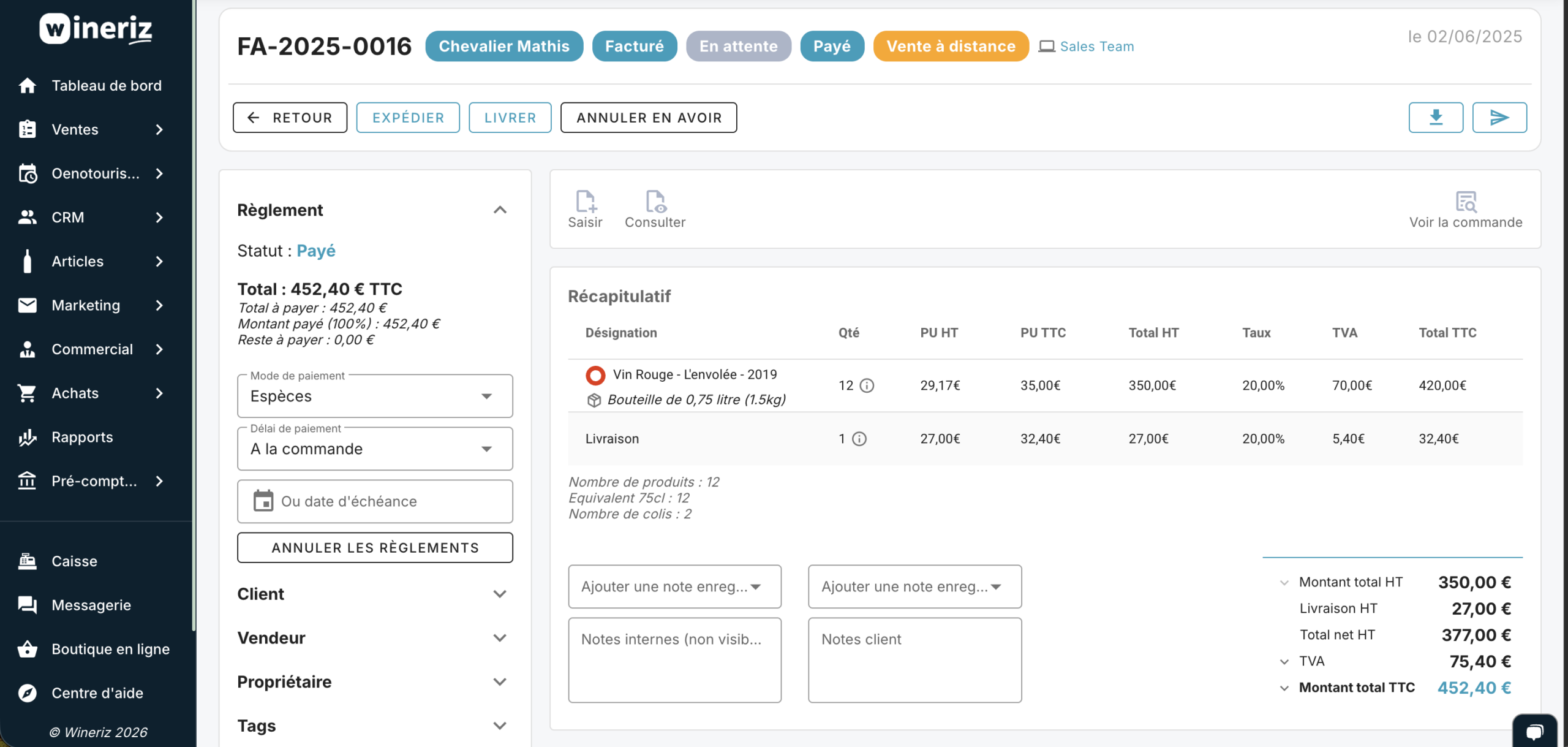 Interface de facturation Wineriz — logiciel de facturation viticole