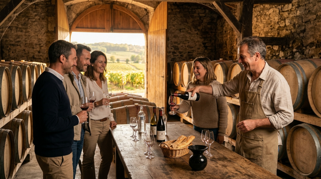 Visiteurs en dégustation dans un chai au cœur des vignes