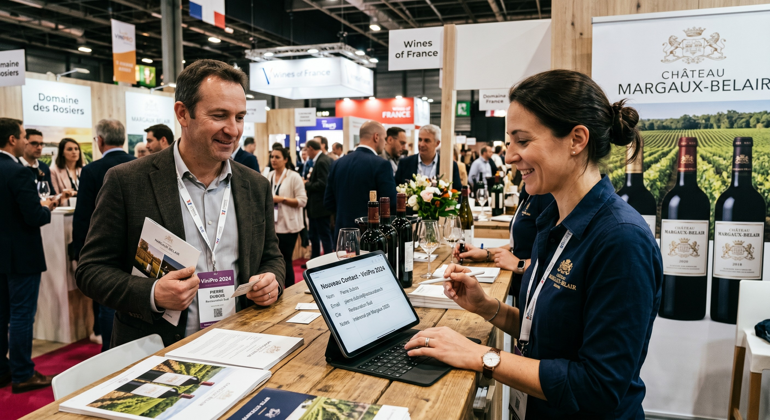 Stand de domaine viticole sur un salon professionnel, saisie d'un nouveau contact sur tablette dans le CRM vin