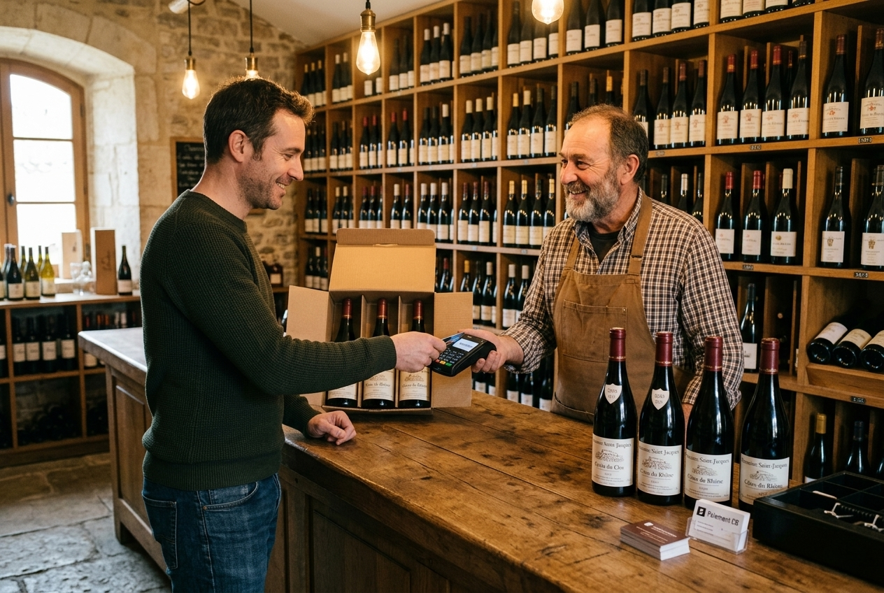 Vente directe et encaissement au caveau d'un domaine viticole