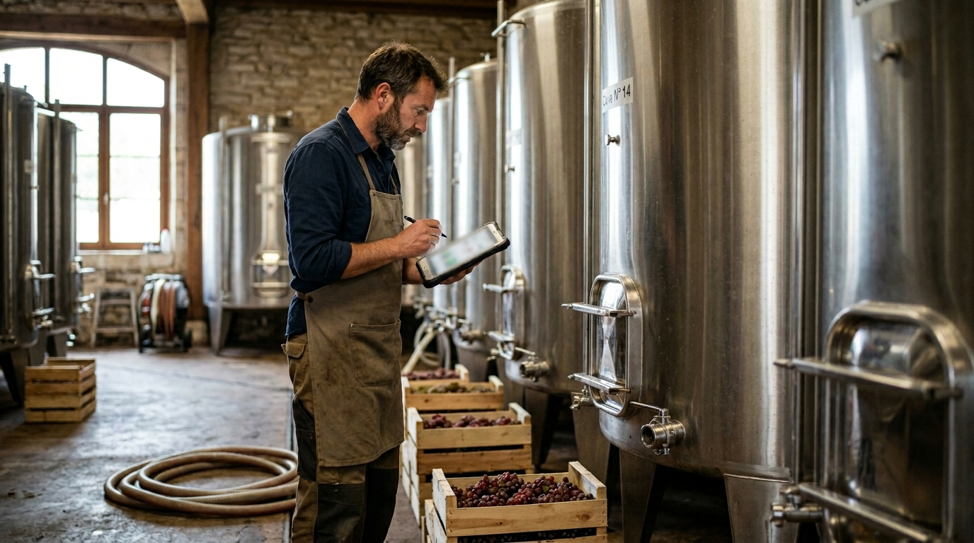 Vigneron relevant les niveaux de ses cuves pour tenir la comptabilité matière de sa cave