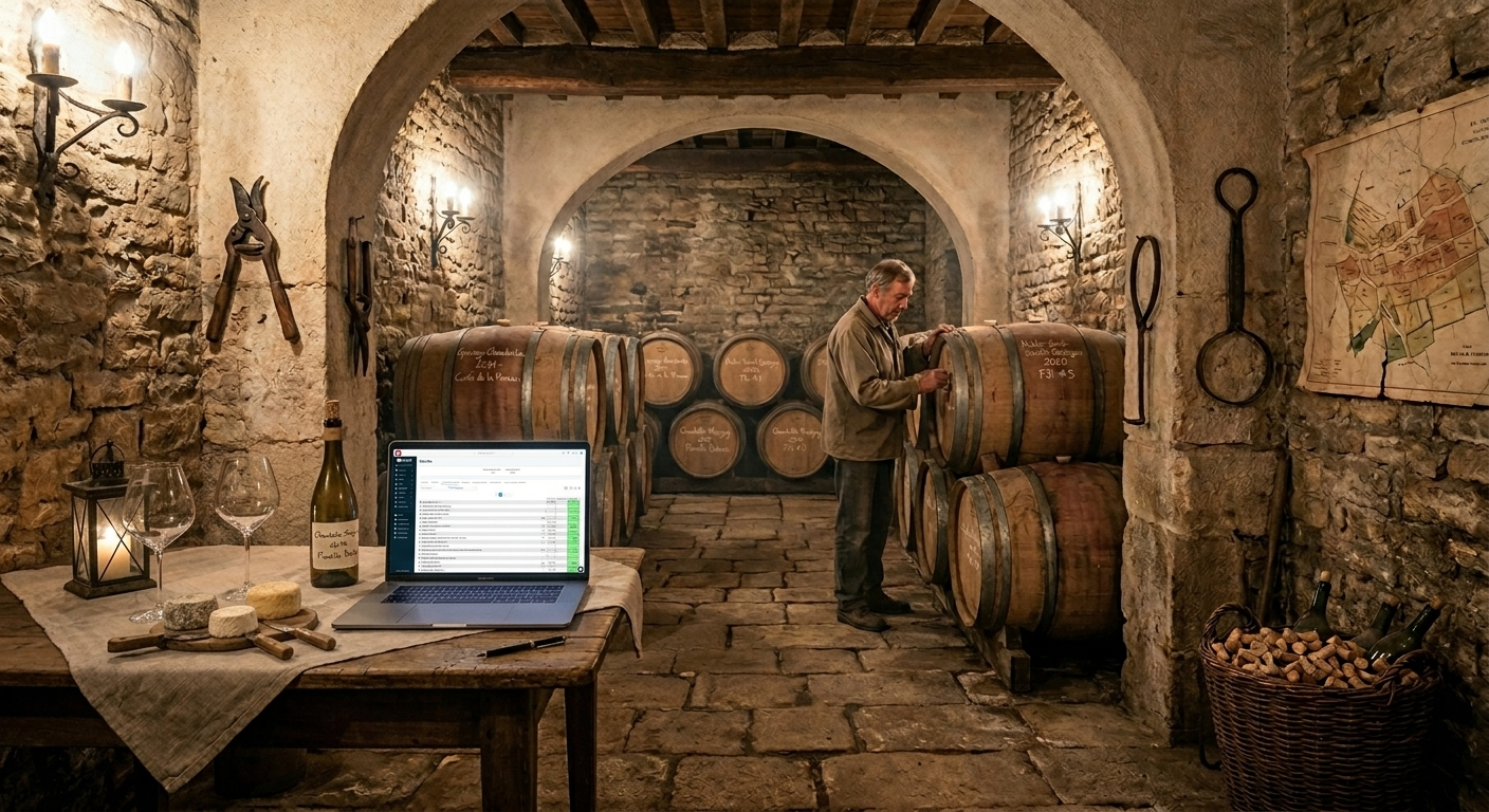 Cave de vinification avec cuves inox et barriques, lieu où se tient la comptabilité matière