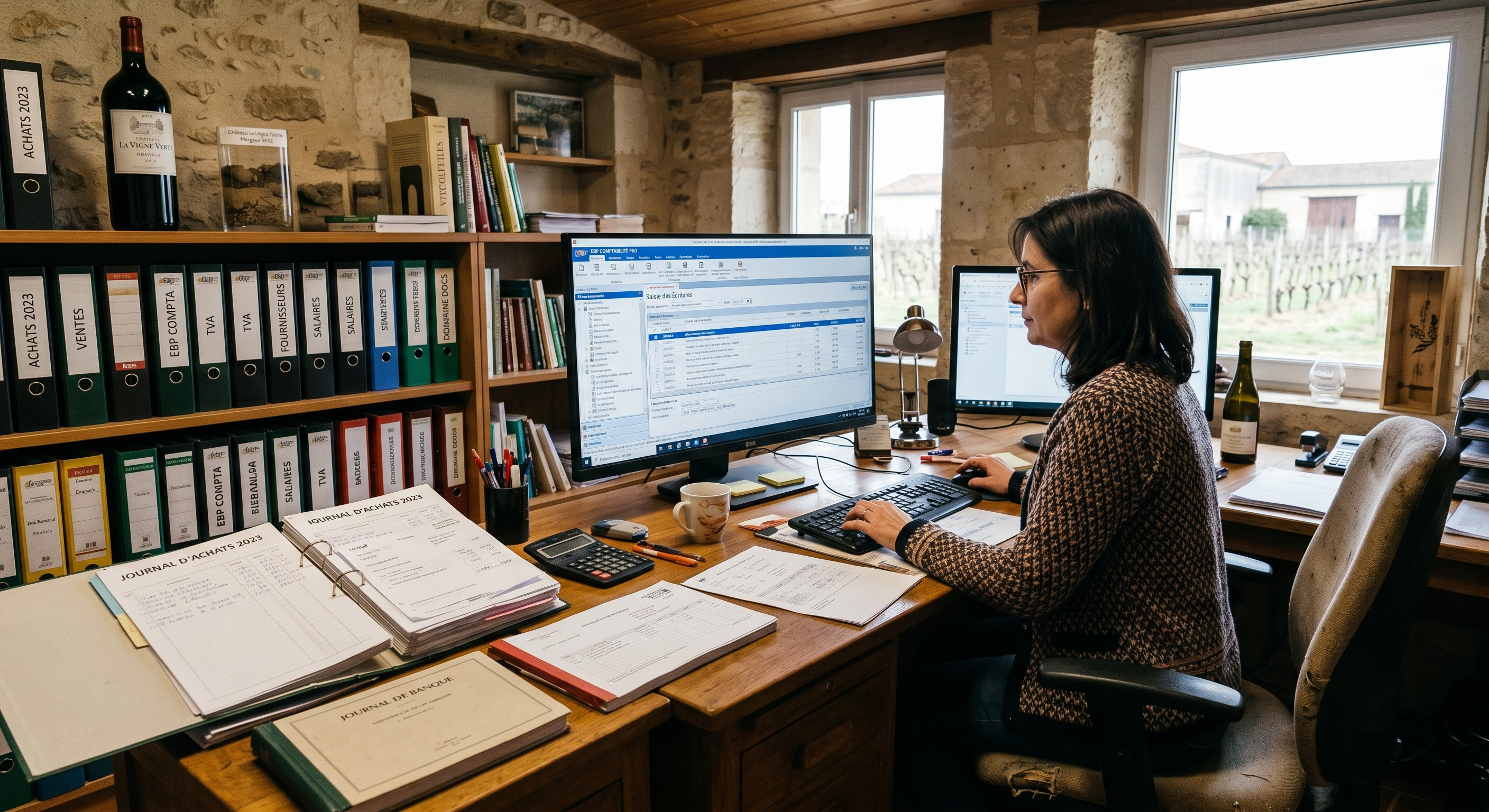 Bureau de domaine viticole avec écran de EBP comptabilité et journaux comptables