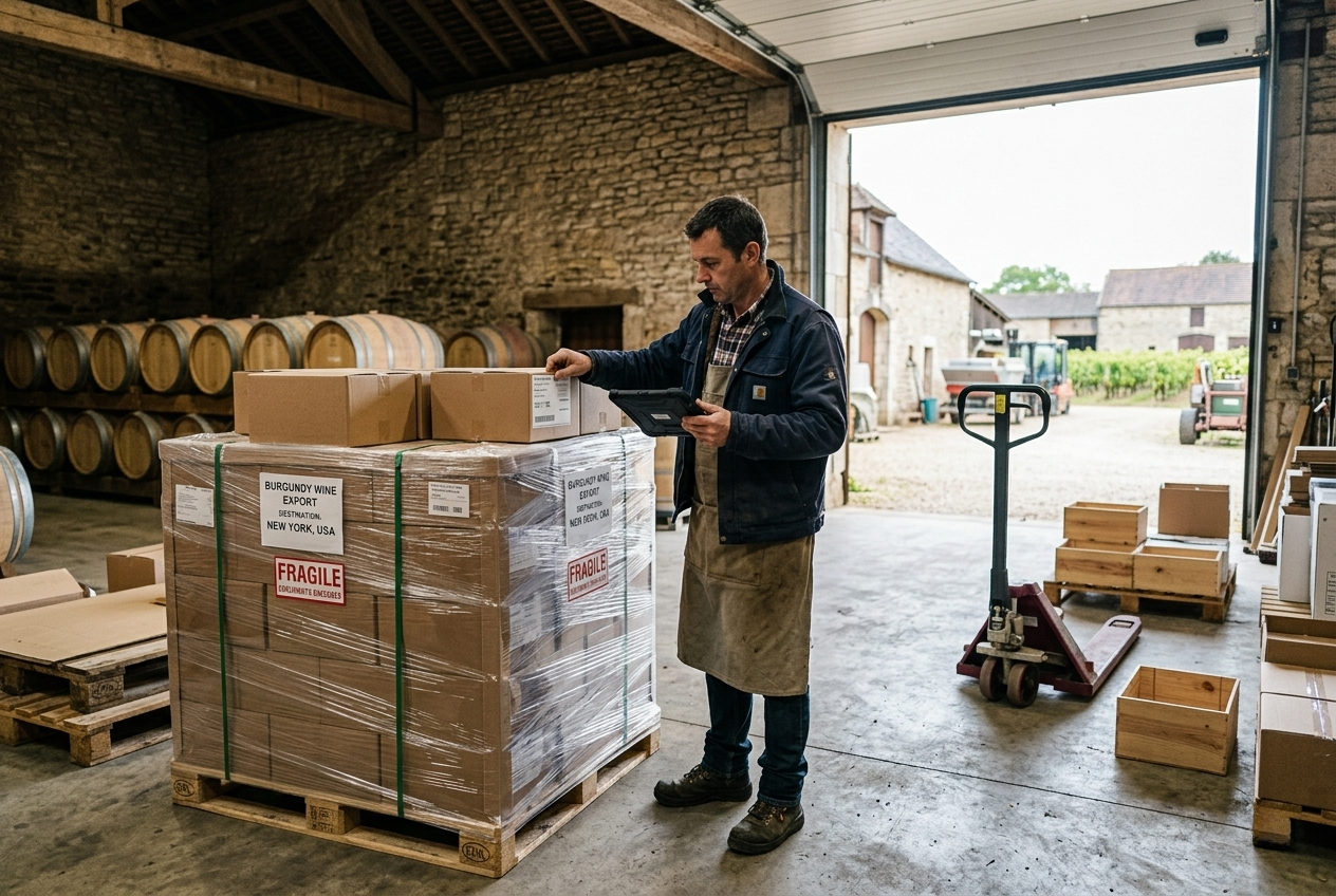 Palette de vin de Bourgogne filmée et étiquetée pour l'export vers New York, contrôlée sur tablette dans un chai