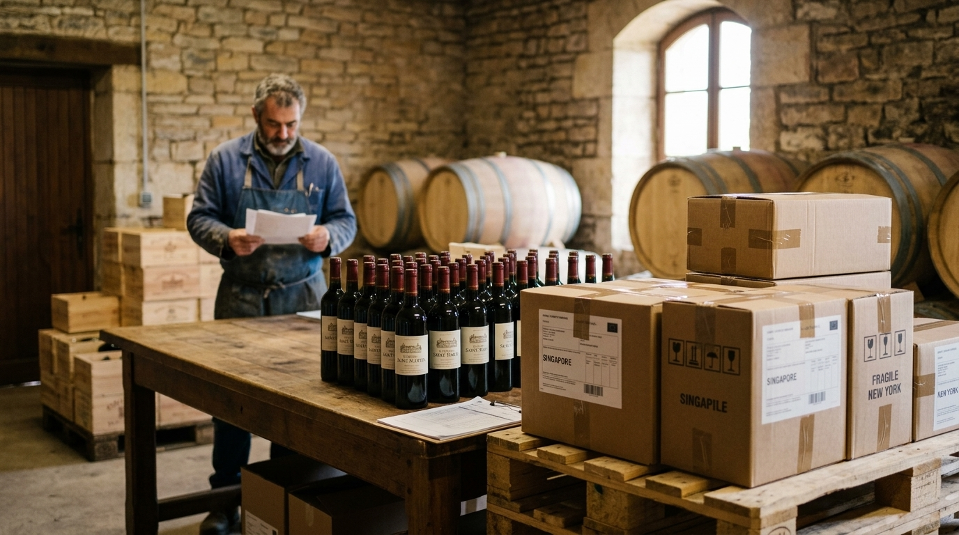 Vigneron préparant des cartons de vin pour l'export hors UE vers Singapour et New York dans un chai