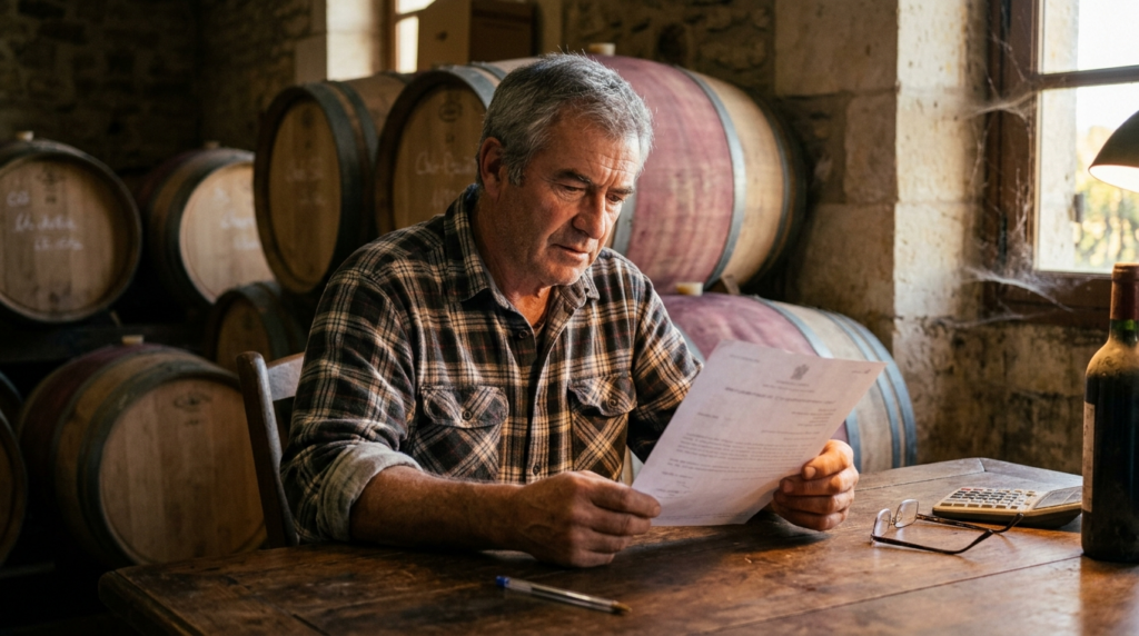 Vigneron examinant sa décision d'habilitation d'entrepositaire agréé portant son numéro d'accise, assis dans son chai