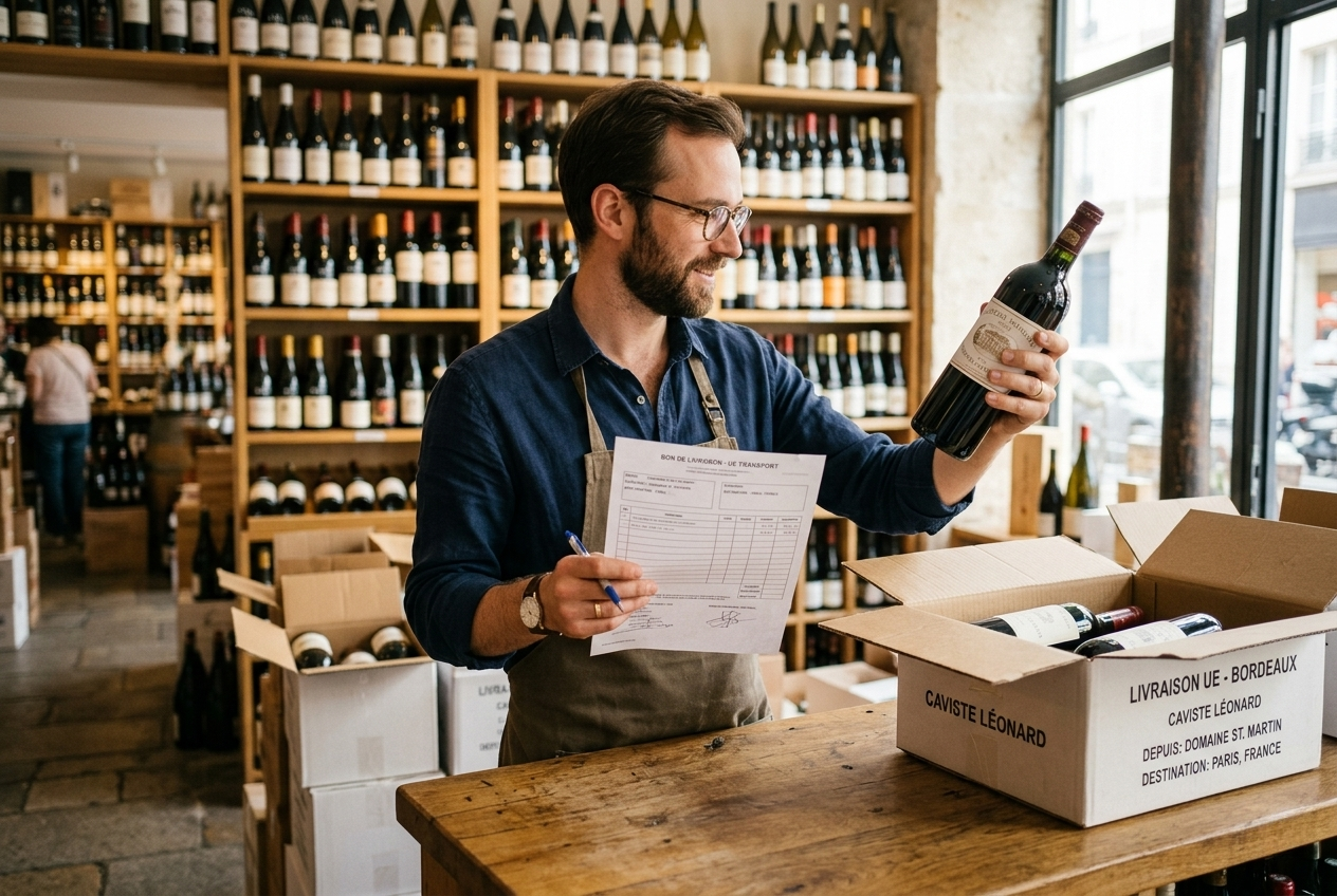Caviste recevant une livraison de vin intracommunautaire avec bon de livraison et preuve de transport UE