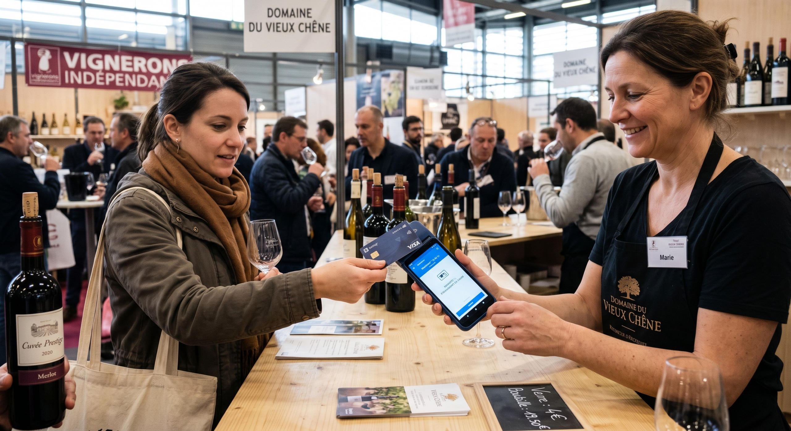 Encaissement par carte sur un smartphone avec terminal sans fil sur un stand de salon de vins