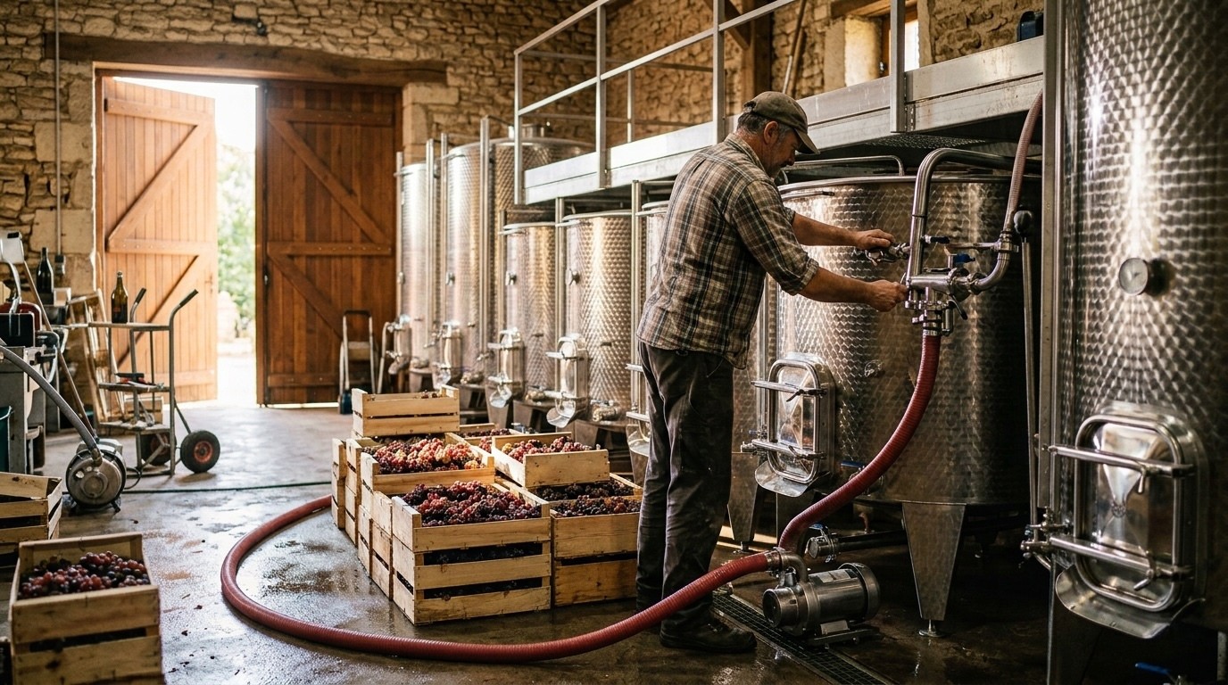 Vigneron en pleine vinification dans sa cuverie inox, activité qui impose le statut d'entrepositaire agréé