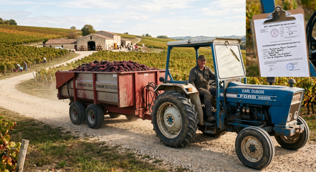 Benne de vendange transportée d'une parcelle vers le chai, mouvement couvert par un document MVV