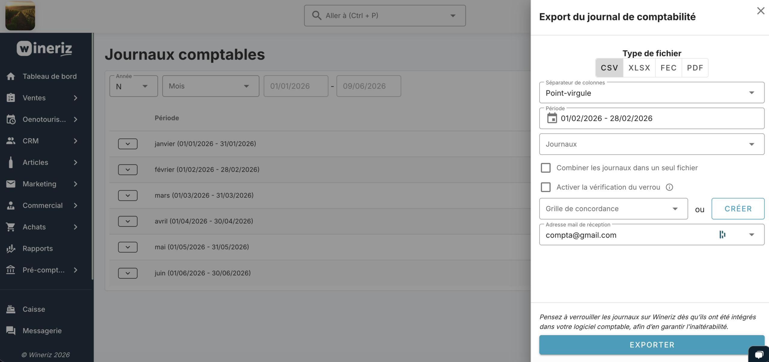 Écran d'export des journaux comptables de Wineriz au format FEC, CSV et XLSX vers EBP