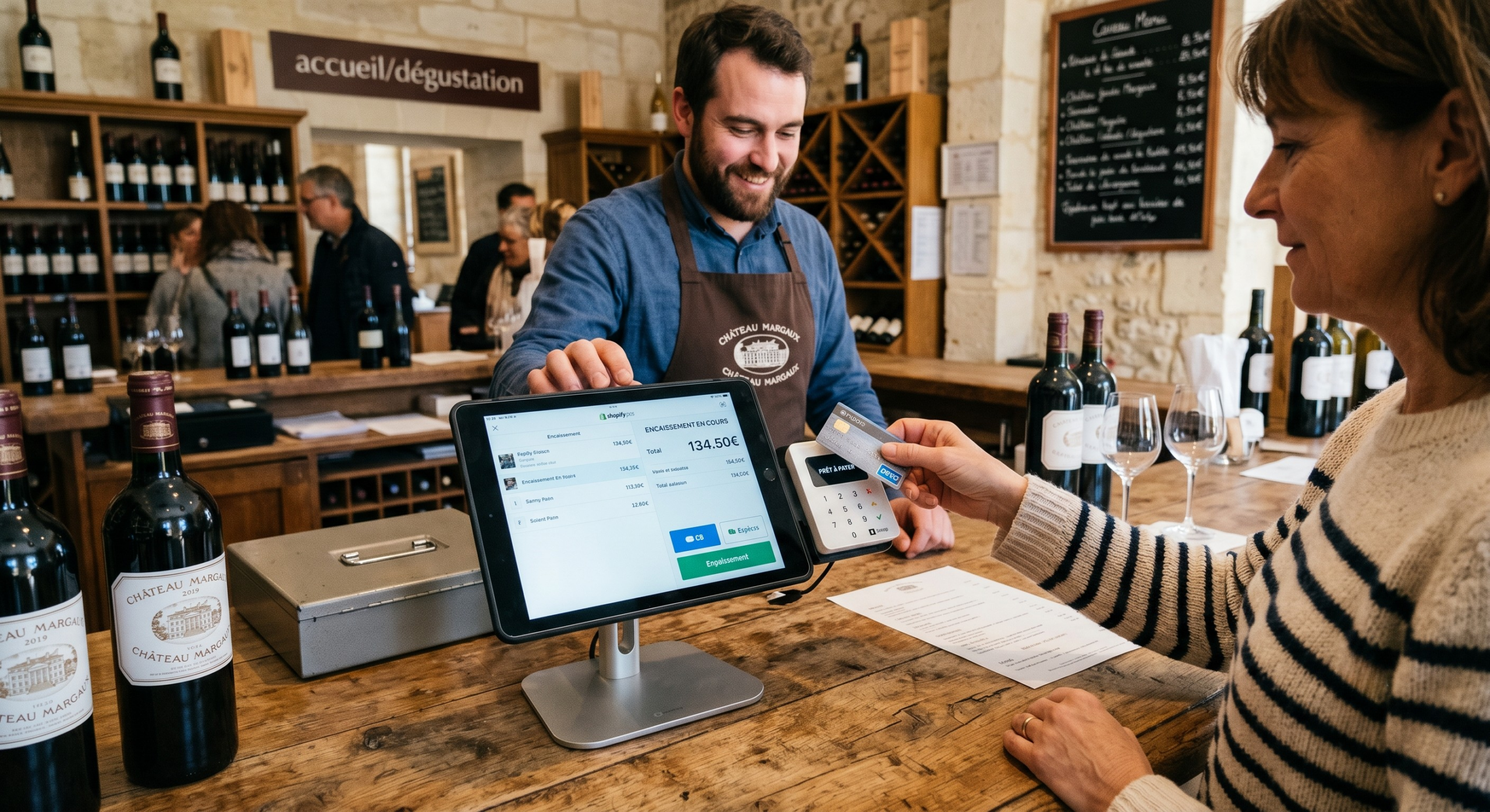 Tablette de caisse posée sur le comptoir d'un caveau de vente lors d'un encaissement sur le logiciel de caisse