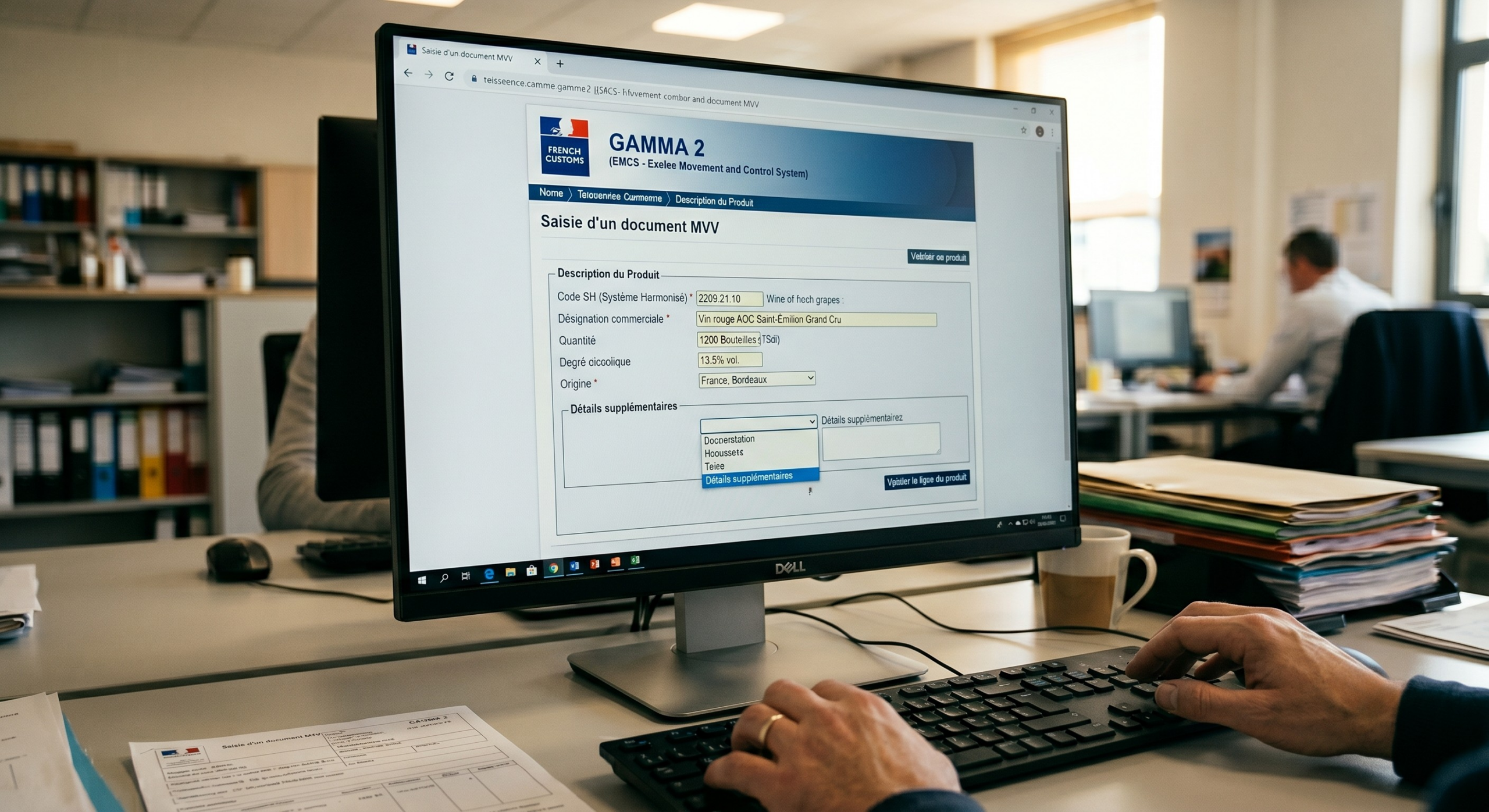 Saisie d'un document MVV sur le téléservice Gamma 2 de la douane, étape de description du produit