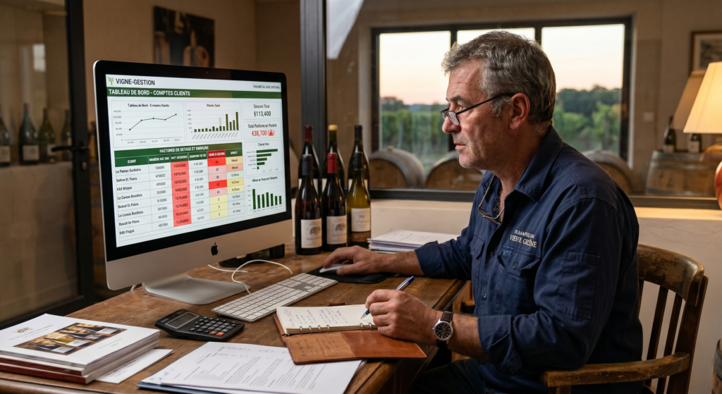 Vigneron consultant le tableau de bord des encours clients et des factures en retard sur son ordinateur