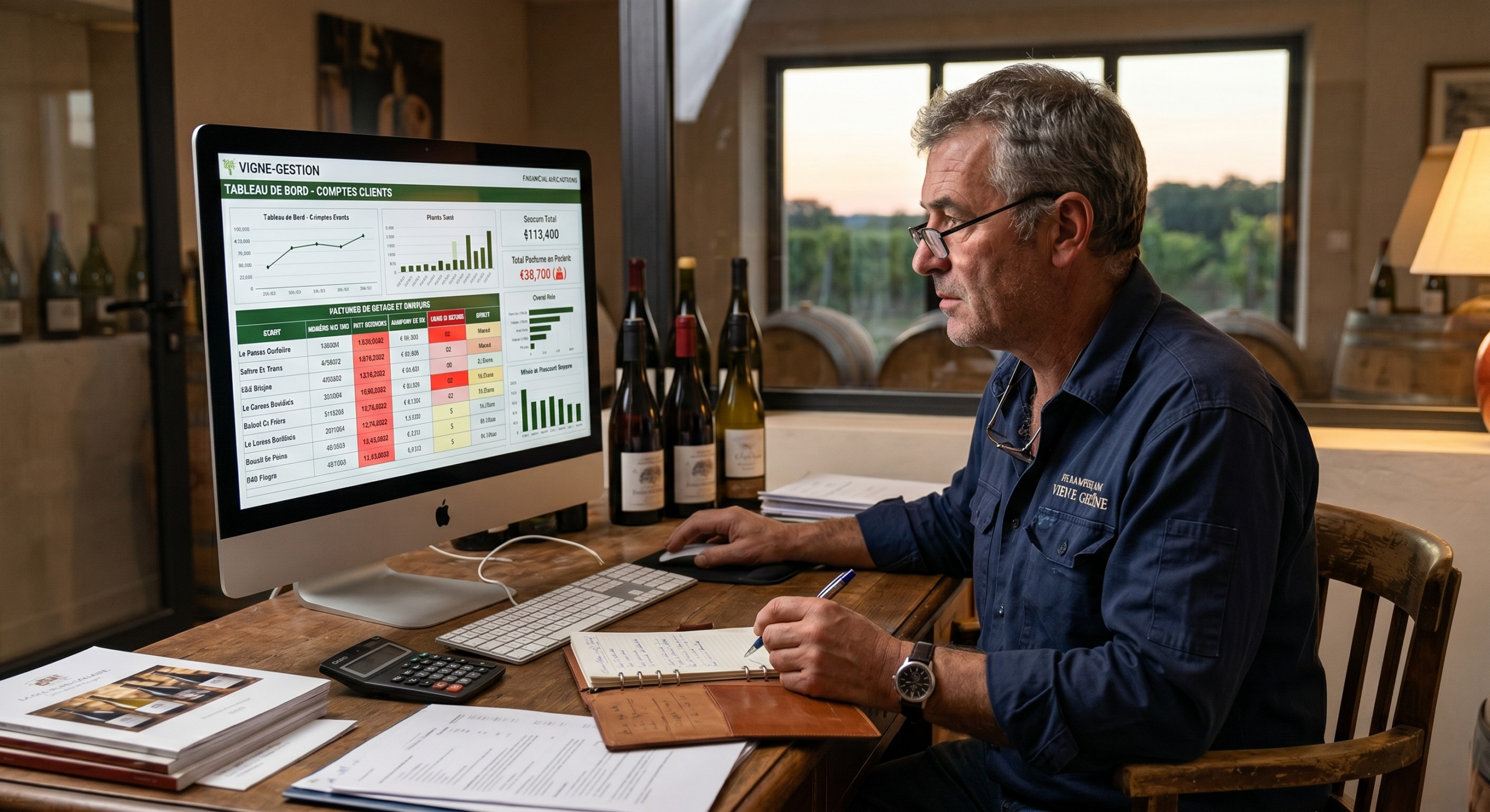 Vigneron consultant le tableau de bord de relance clients et des factures en retard sur son ordinateur