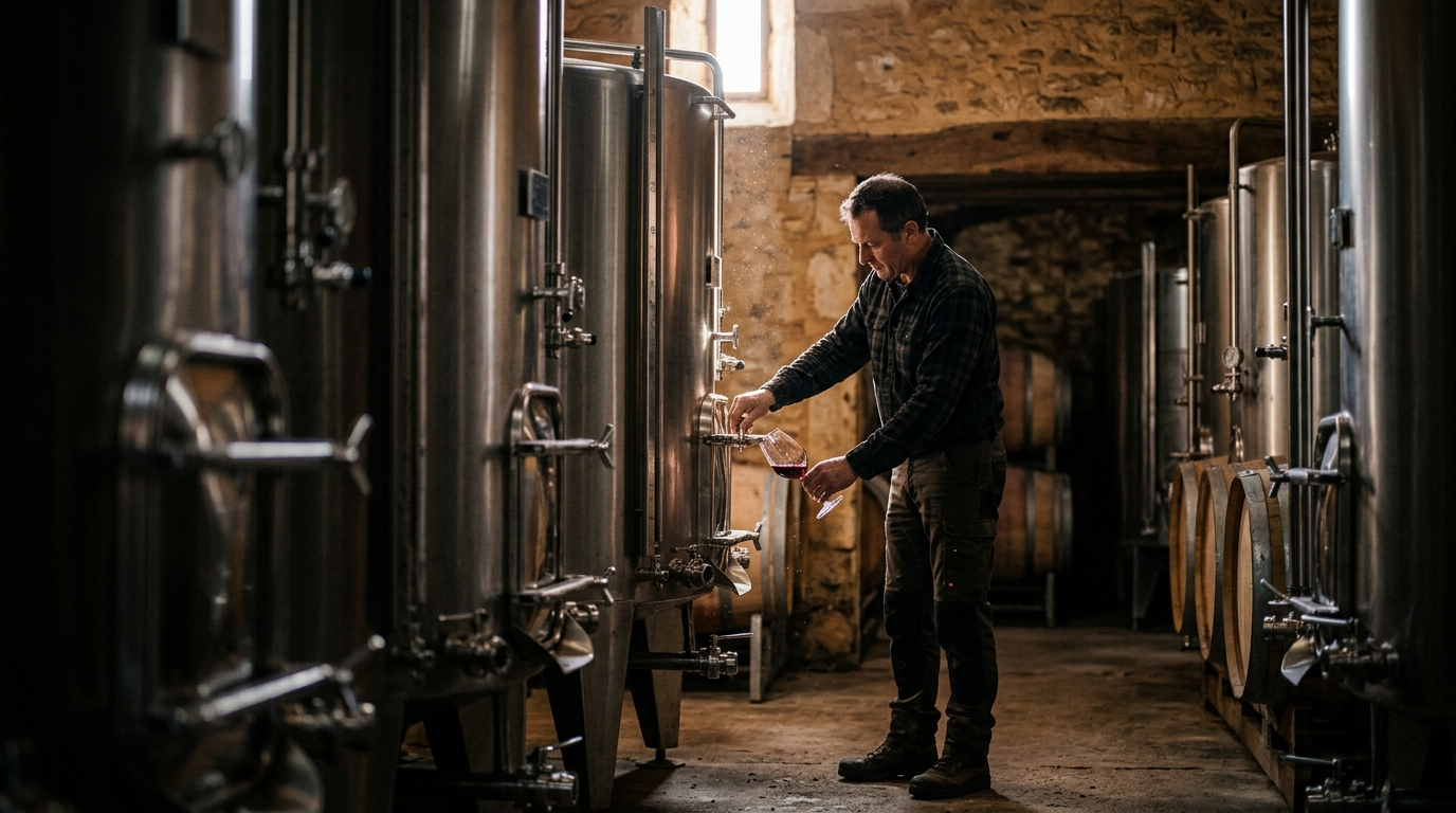 Vinificateur prélevant un échantillon de vin rouge à la cuve dans une cave, illustrant le travail vinicole
