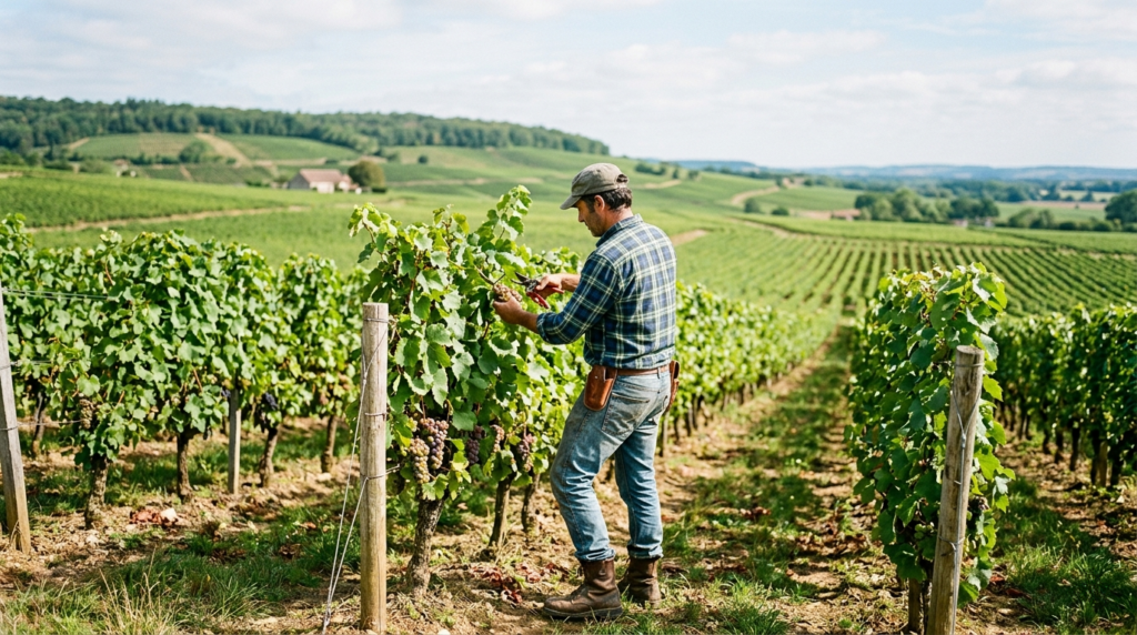 Viticulteur taillant un cep dans un vignoble vallonné, illustrant le travail viticole de la culture de la vigne