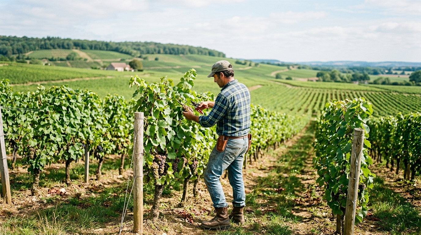 Viticulteur taillant un cep dans un vignoble vallonné, illustrant le travail viticole de la culture de la vigne