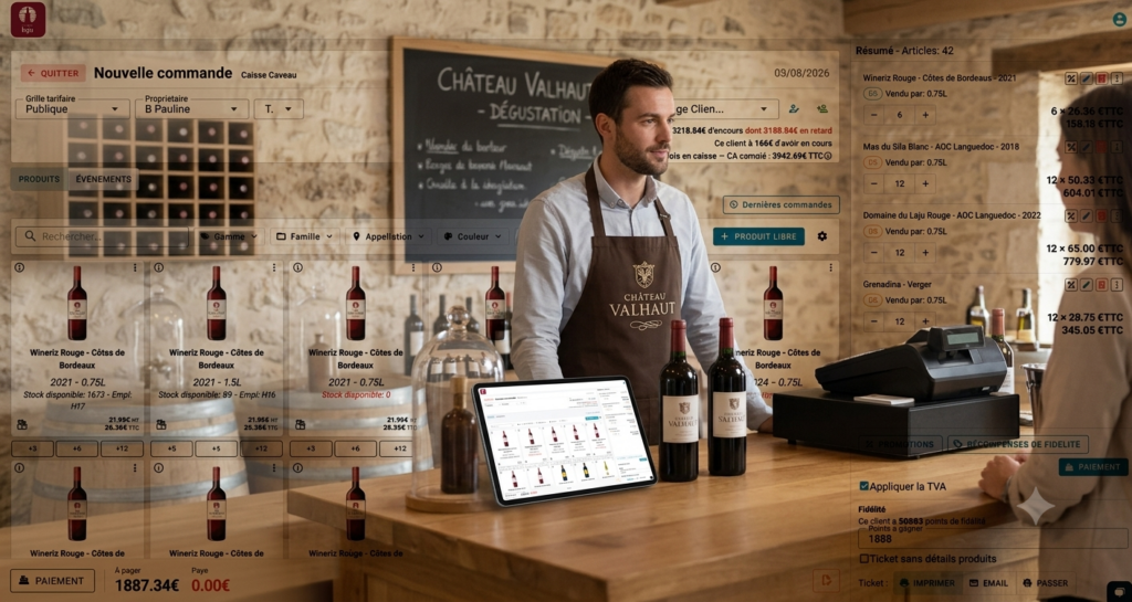 Tablette de caisse posée sur le comptoir d'un caveau de vente lors d'un encaissement