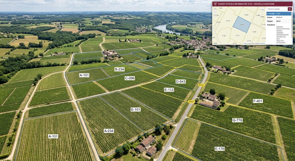 Vue aérienne de parcelles de vignes recensées au CVI (Casier Viticole Informatisé)