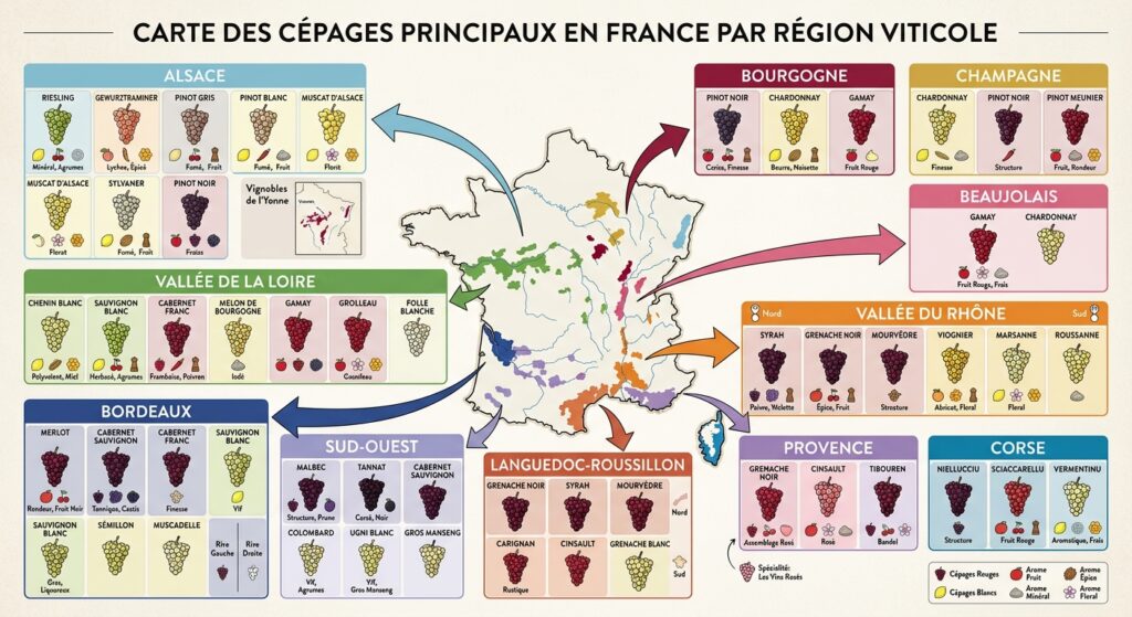 Carte des principaux cépages autorisés dans les régions viticoles françaises